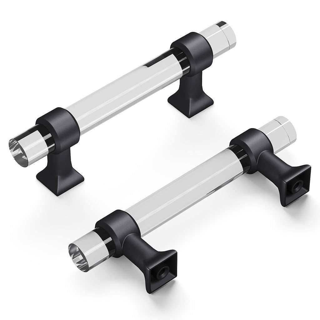 HICKORY Crystal Palace Handle Cabinet Pulls in Matte Black and Clear 3" HH075857-CAMB Display
