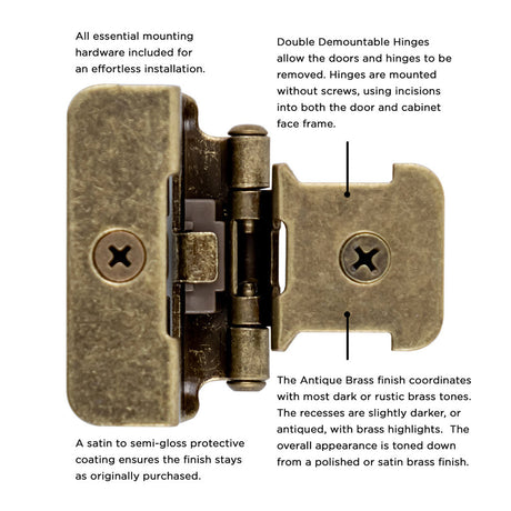 Hickory Double Demountable 1/2" Overlay Partial Wrap Cabinet Hinge (pair) in Antique Brass P5310-AB Information