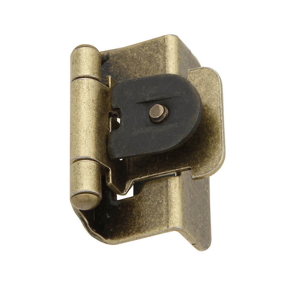 Hickory Double Demountable 1/2" Overlay Partial Wrap Cabinet Hinge (pair) in Antique Brass P5310-AB on White Background
