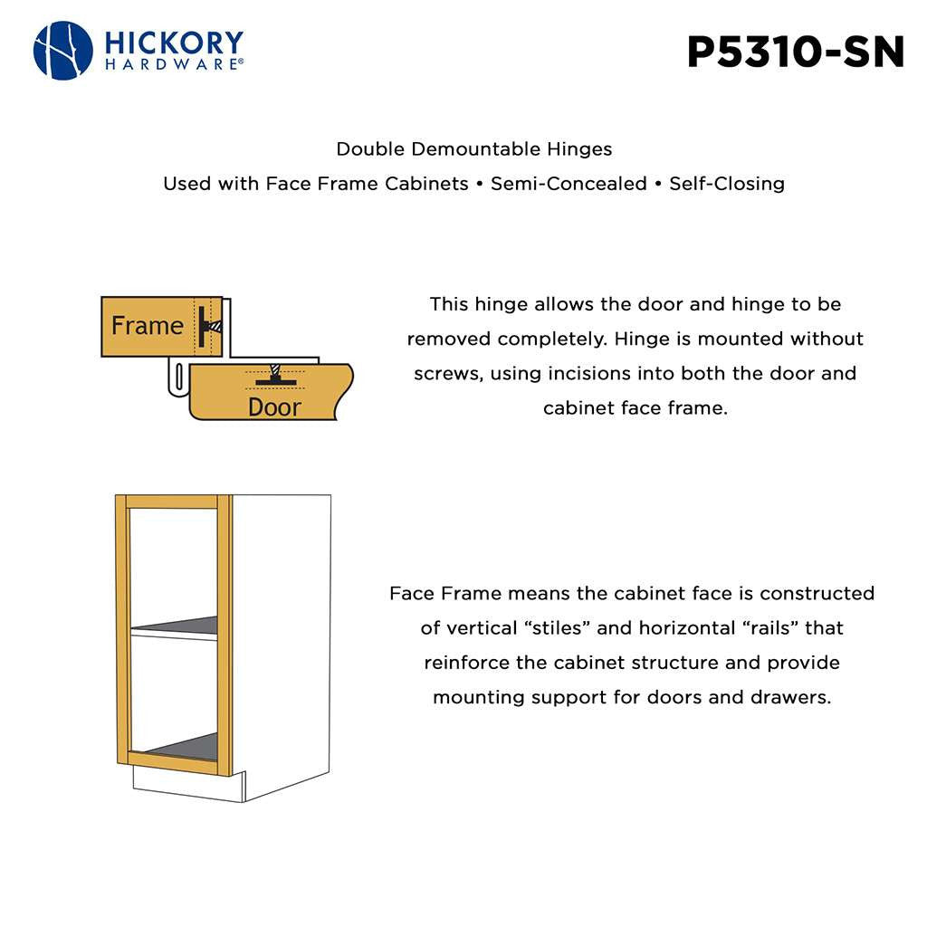 HICKORY Double Demountable 1/2" Overlay Partial Wrap Cabinet Hinge (pair) in Satin Nickel P5310-SN Frame