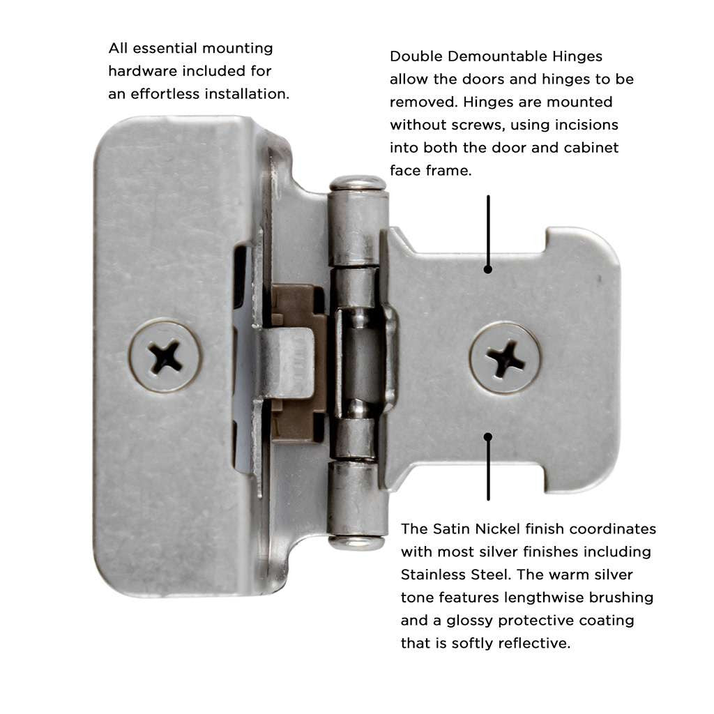 HICKORY Double Demountable 1/2" Overlay Partial Wrap Cabinet Hinge (pair) in Satin Nickel P5310-SN Information