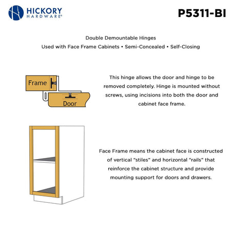 Hickory Double Demountable 1/4" Overlay Partial Wrap Cabinet Hinge (pair) in Black Iron P5311-BI Frame