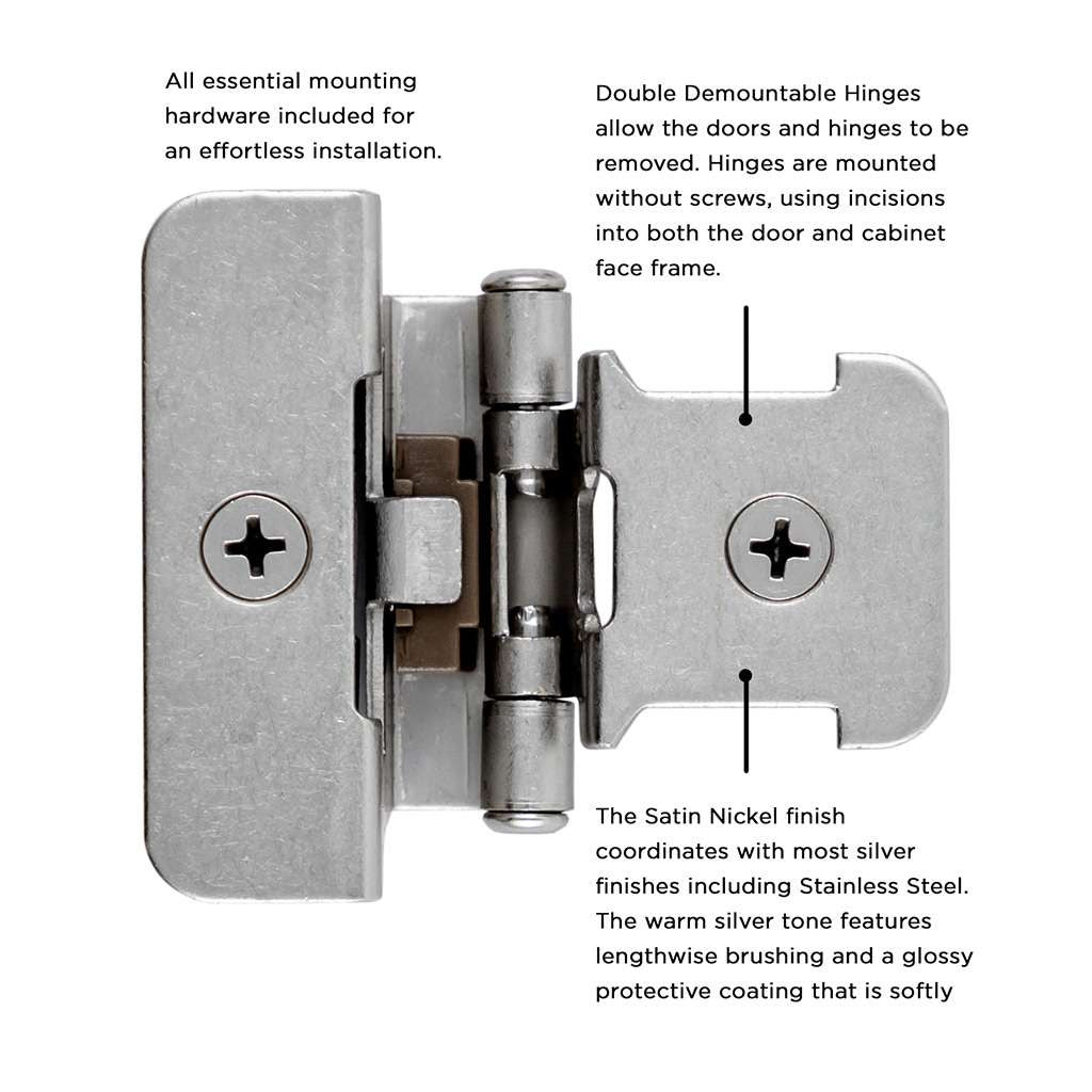 Hickory Double Demountable 1/4" Overlay Partial Wrap Cabinet Hinge (pair) in Satin Nickel P5311-SN Information