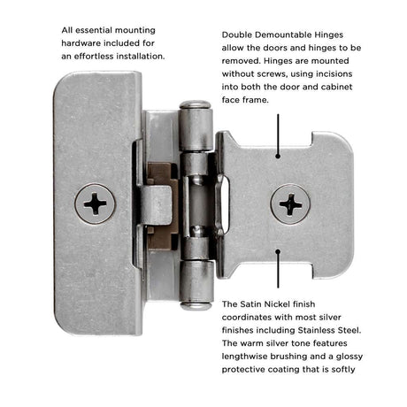 Hickory Double Demountable 1/4" Overlay Partial Wrap Cabinet Hinge (pair) in Satin Nickel P5311-SN Information