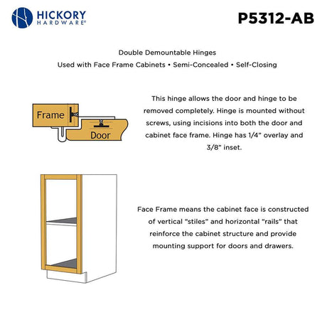 HICKORY Double Demountable 3/8" Inset Partial Wrap Cabinet Hinge (pair) in Antique Brass P5312-AB Frame