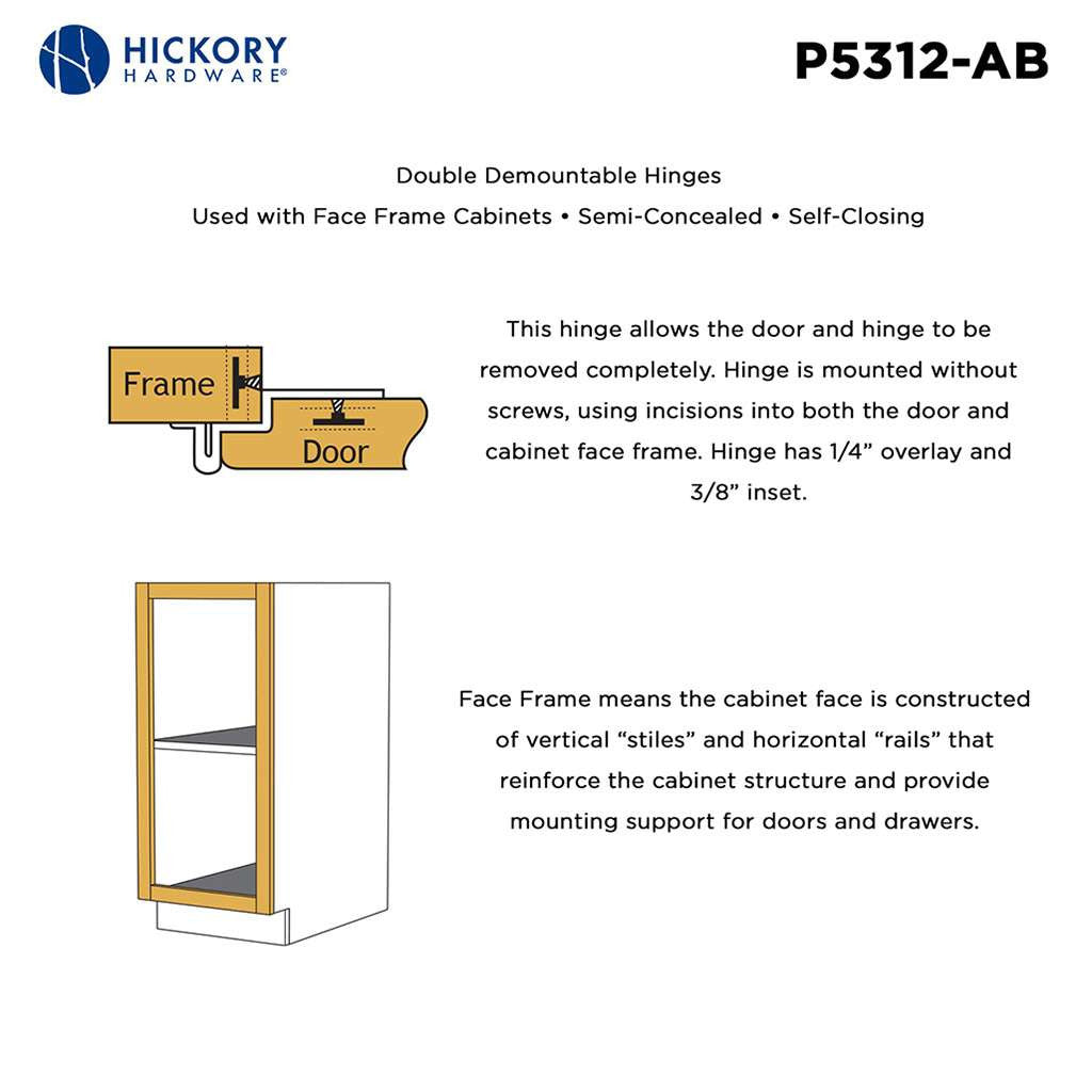 HICKORY Double Demountable 3/8" Inset Partial Wrap Cabinet Hinge (pair) in Antique Brass P5312-AB Frame