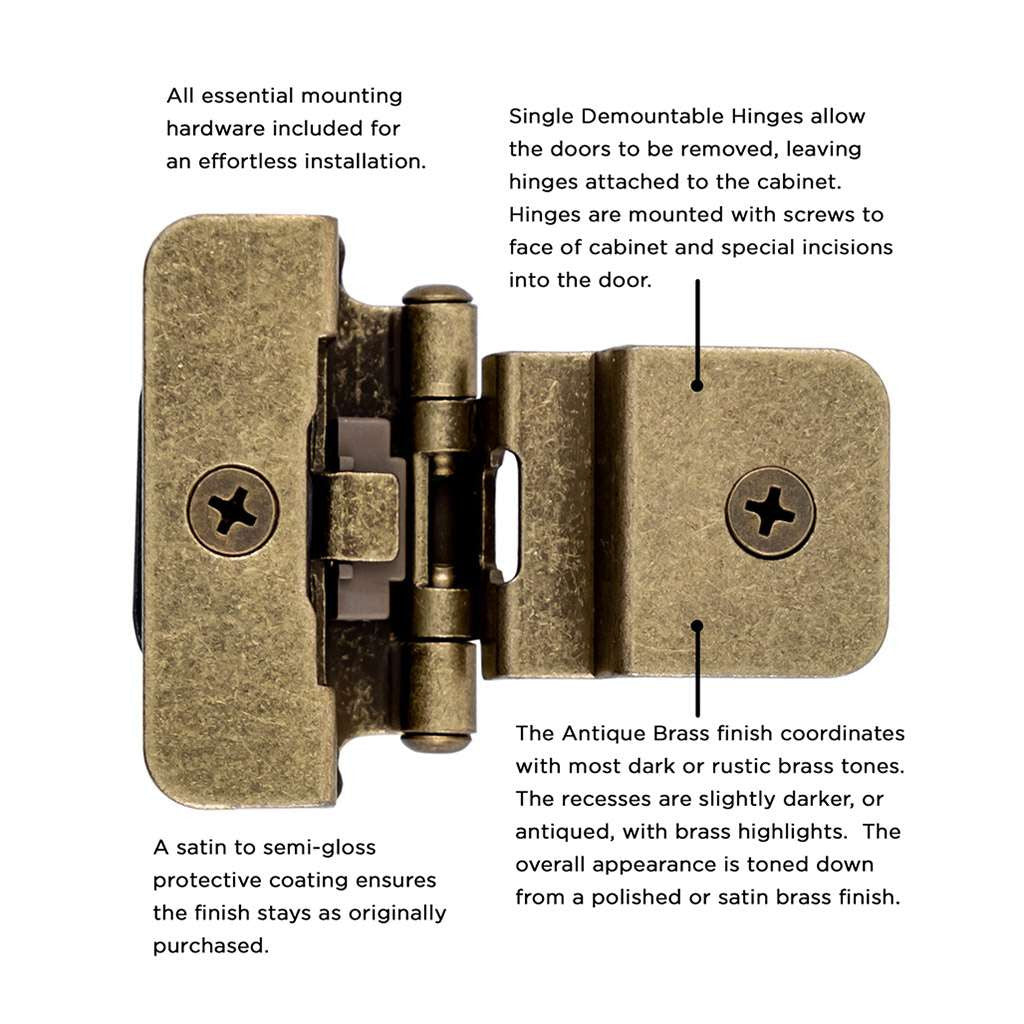 HICKORY Double Demountable 3/8" Inset Partial Wrap Cabinet Hinge (pair) in Antique Brass P5312-AB Information