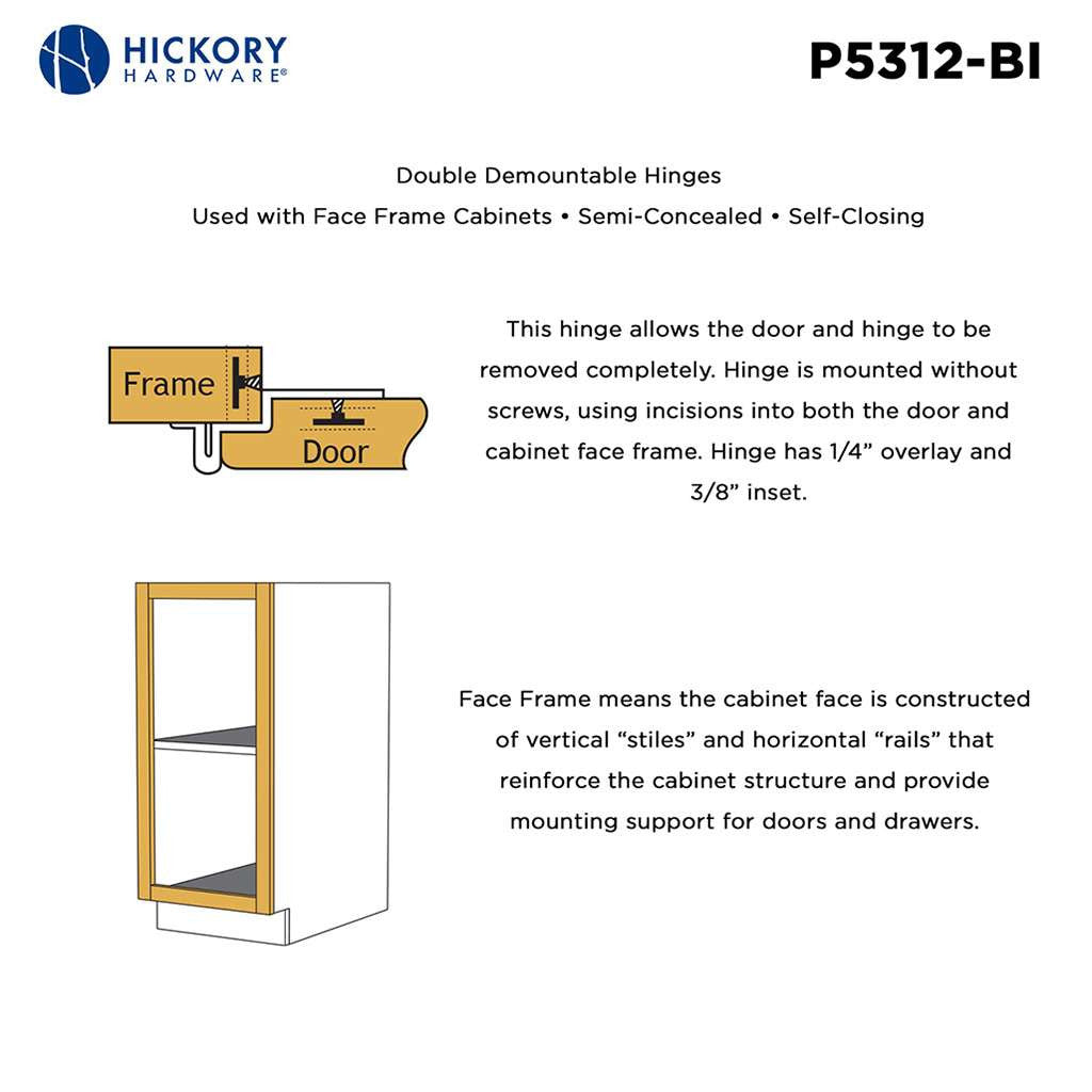 Hickory Double Demountable 3/8" Inset Partial Wrap Cabinet Hinge (pair) in Black Iron P5312-BI Frame