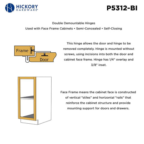 Hickory Double Demountable 3/8" Inset Partial Wrap Cabinet Hinge (pair) in Black Iron P5312-BI Frame