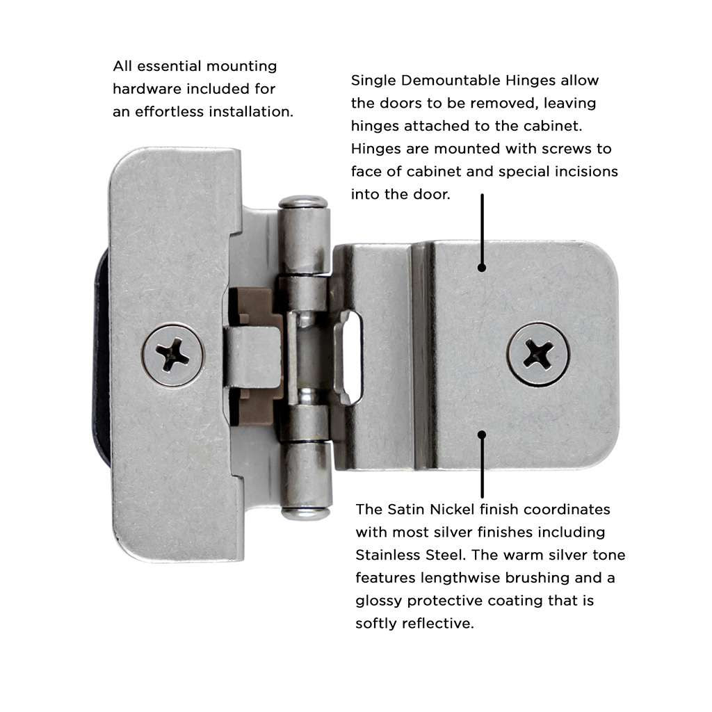 Hickory Double Demountable 3/8" Inset Partial Wrap Cabinet Hinge (pair) in Satin Nickel P5312-SN Information