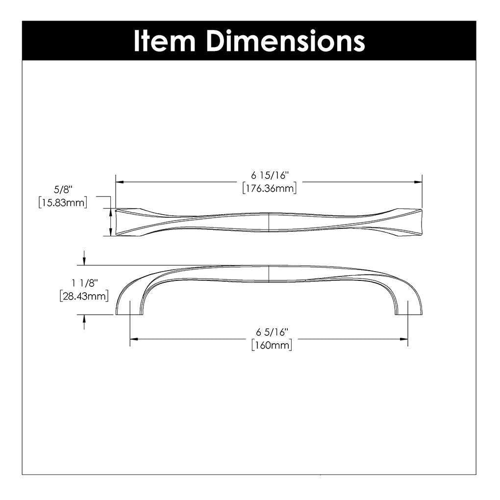 Technical Drawing of a Golden Nickel 6-5/16" Hole Centers Cabinet Handle Pull from Hickory Hardware's Twist Collection H076018-EGN