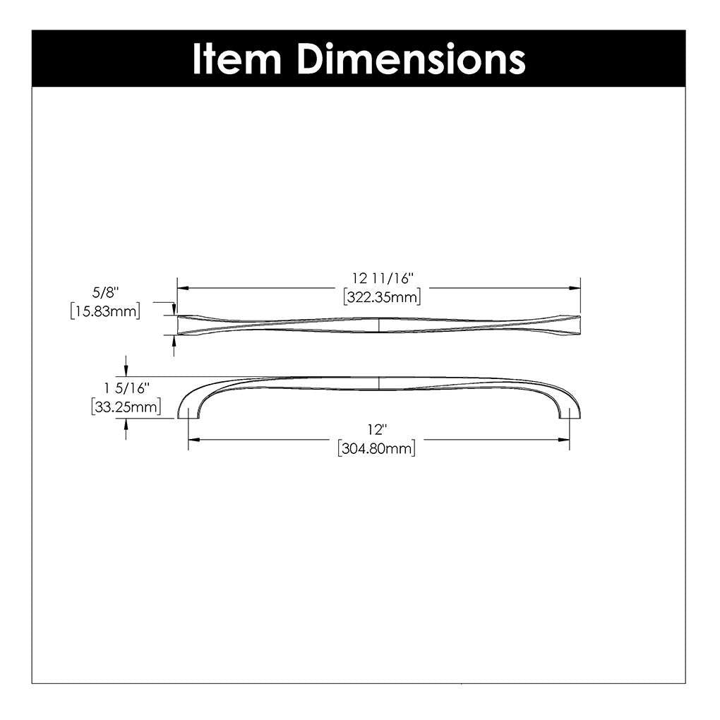 Technical Drawing of a Satin Nickel 12" Hole Centers Cabinet Handle Pull from Hickory Hardware's Twist Collection H076021-SN