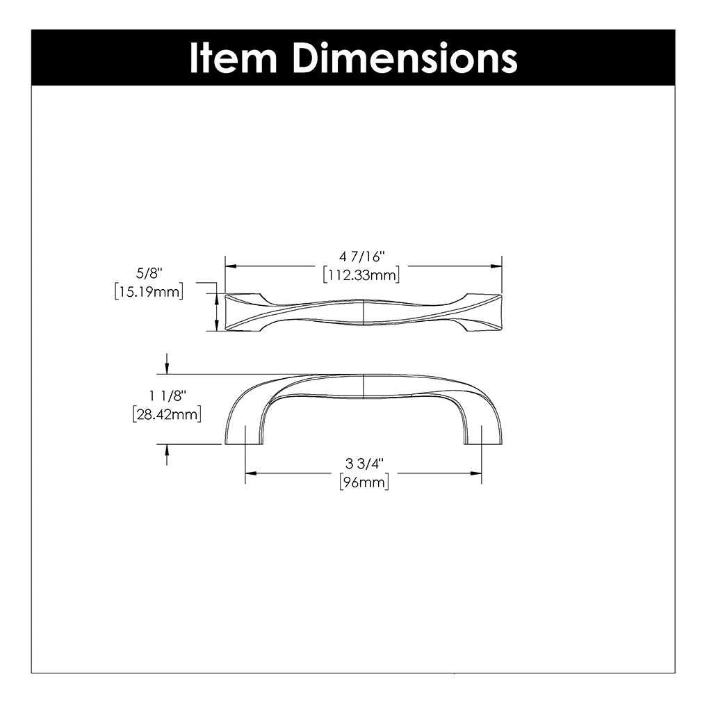 Technical Drawing of a Black Iron 3-3/4" Hole Centers Cabinet Handle Pull from Hickory Hardware's Twist Collection H076016-BI