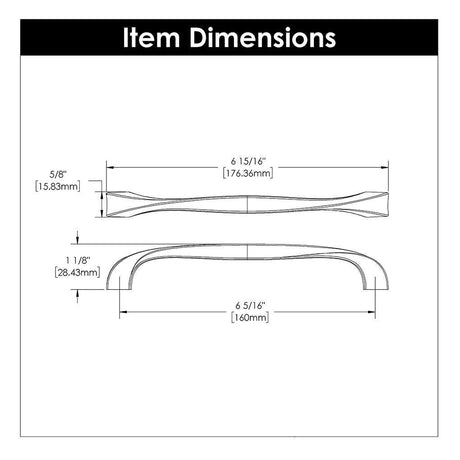 Technical Drawing of a Black Iron 6-1/4" Hole Centers Cabinet Handle Pull from Hickory Hardware's Twist Collection H076018-BI