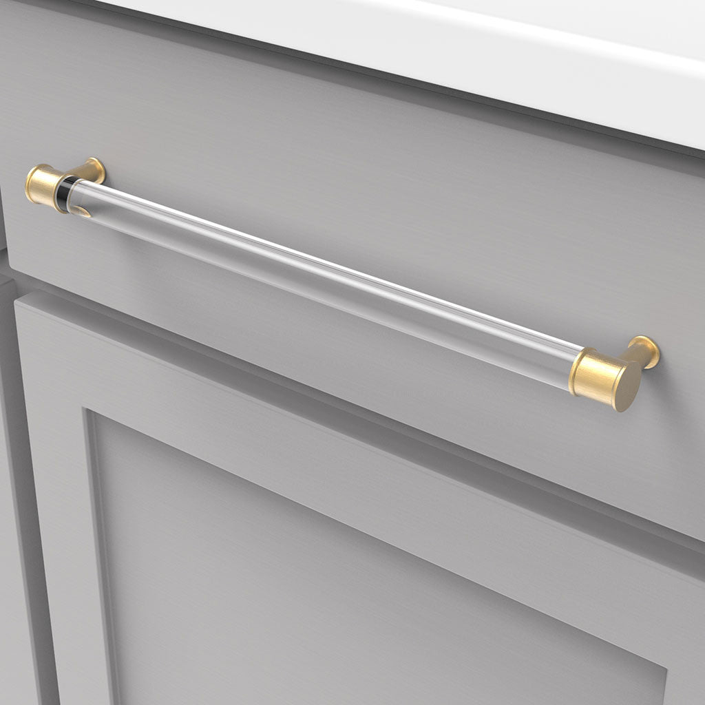 HICKORY Midway Handle Cabinet Pulls in Brushed Golden Brass and Clear 12" P3711-CABGB Mounted
