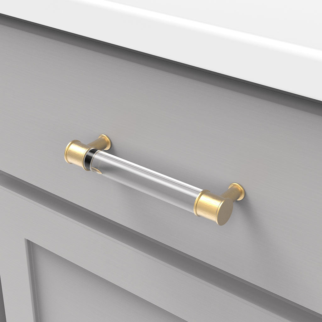 HICKORY Midway Handle Cabinet Pulls in Brushed Golden Brass and Clear 128mm P3635-CABGB Mounted