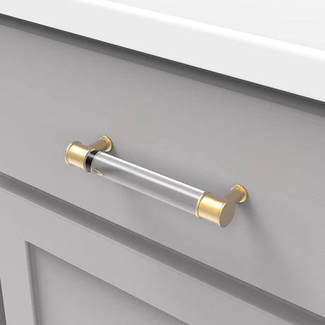 HICKORY Midway Handle Cabinet Pulls in Brushed Golden Brass and Clear 128mm P3635-CABGB Mounted