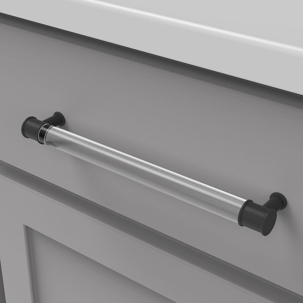 HICKORY Midway Handle Cabinet Pulls in Matte Black and Clear 224mm P3704-CAMB Mounted