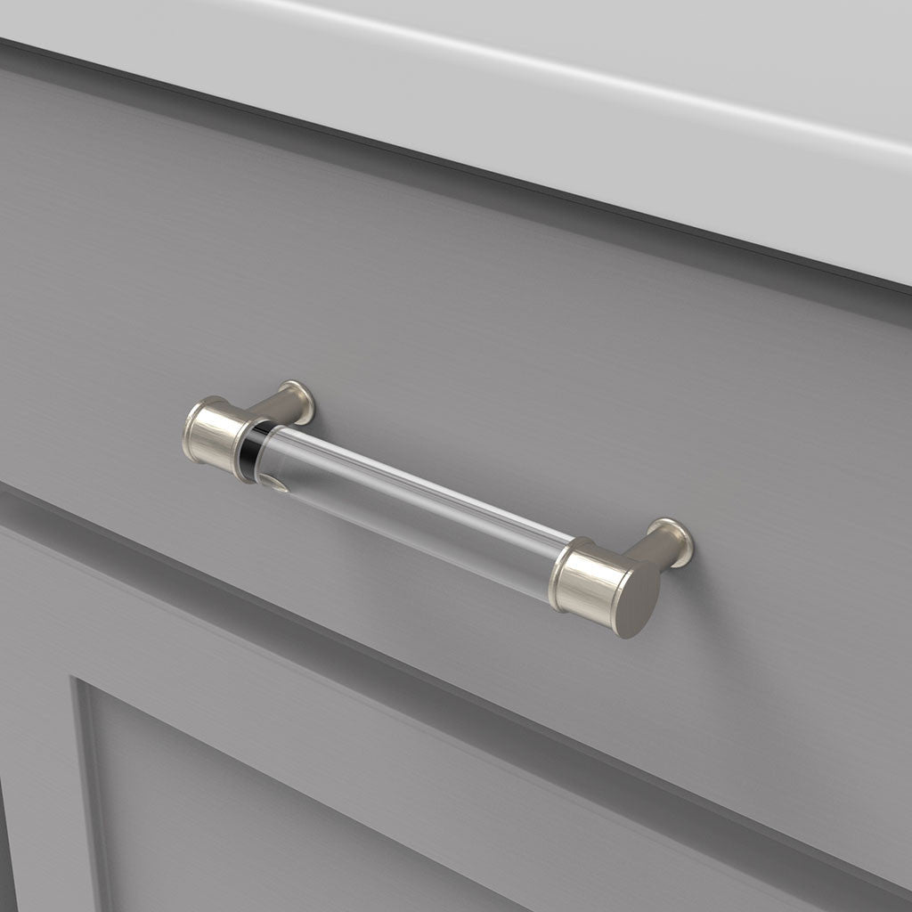 HICKORY Midway Handle Cabinet Pulls in Satin Nickel and Clear 128mm P3635-CASN Mounted