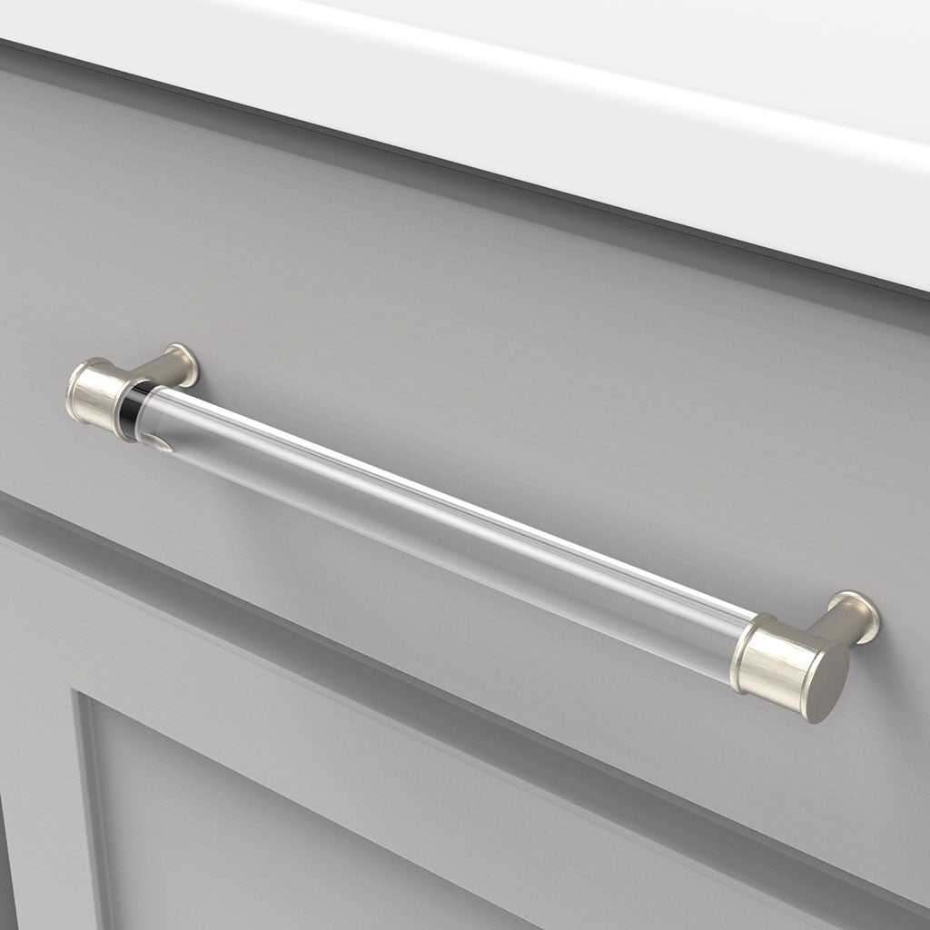 HICKORY Midway Handle Cabinet Pulls in Satin Nickel and Clear 224mm P3704-CASN Mounted
