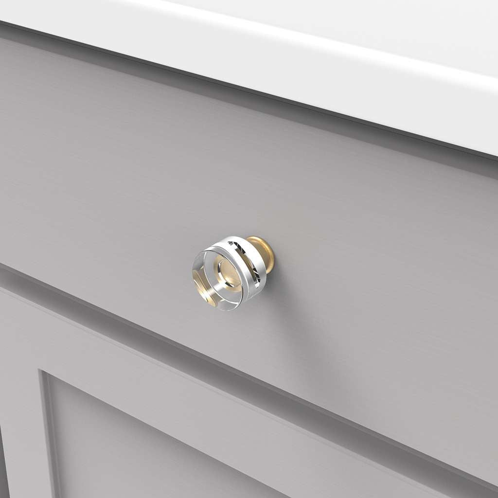 HICKORY Midway Round Cabinet Knob in Brushed Golden Brass and Clear 1-1/4" P3709-CABGB Mounted