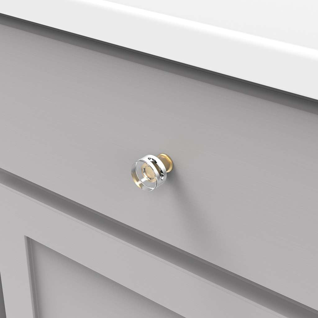 HICKORY Midway Round Cabinet Knob in Brushed Golden Brass and Clear 1" P3708-CABGB Mounted