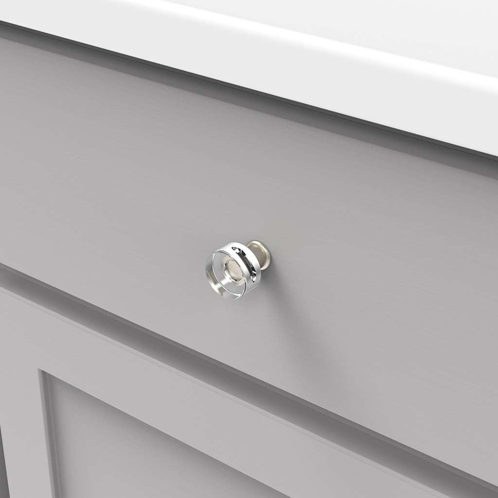 HICKORY Midway Round Cabinet Knob in Satin Nickel and Clear 1" P3708-CASN Mounted