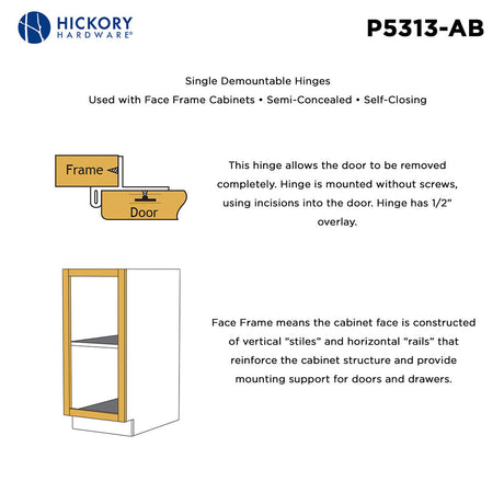 HICKORY Single Demountable 1/2" Overlay Partial Wrap Cabinet Hinge (pair) in Antique Brass P5312-AB Frame