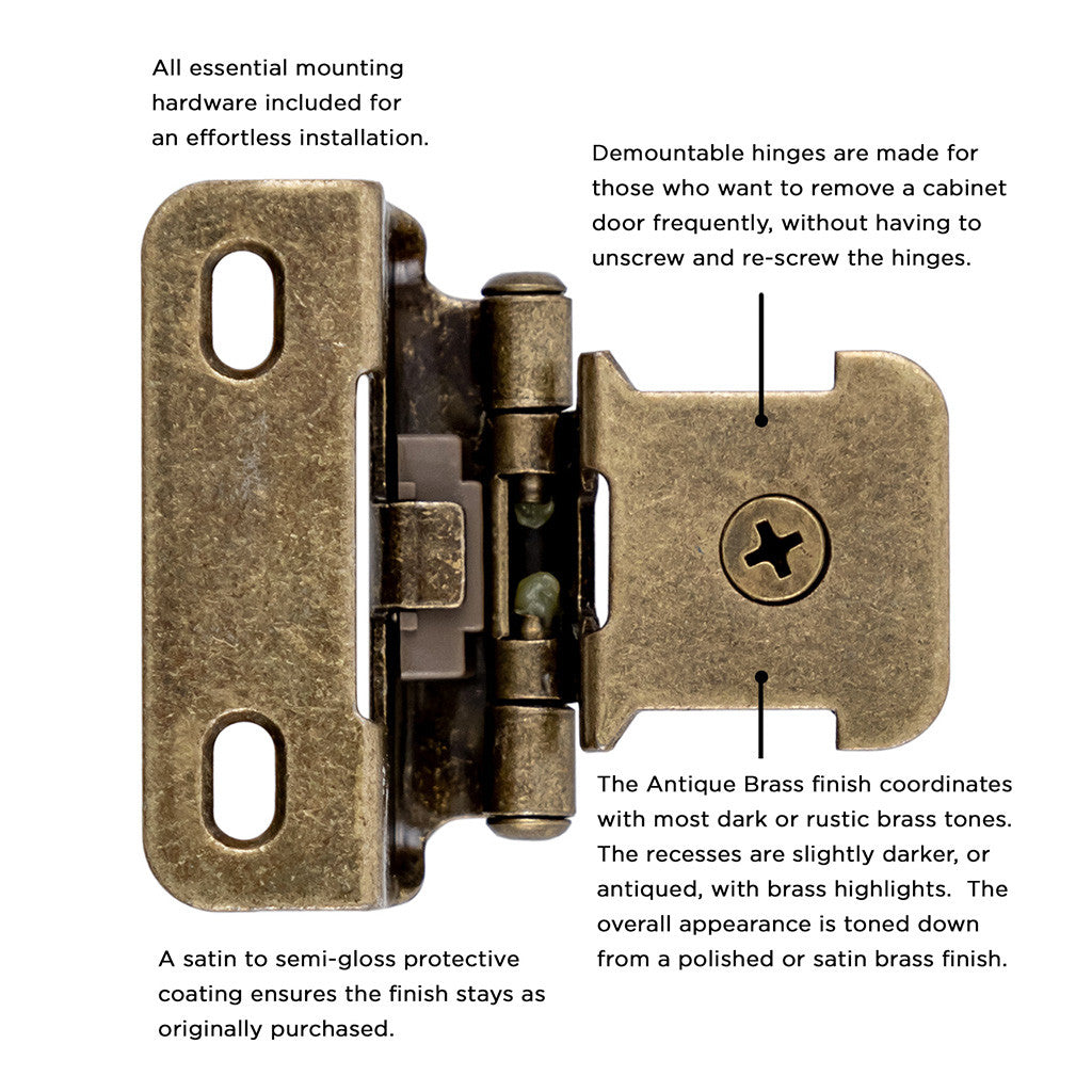 HICKORY Single Demountable 1/2" Overlay Partial Wrap Cabinet Hinge (pair) in Antique Brass P5312-AB Information