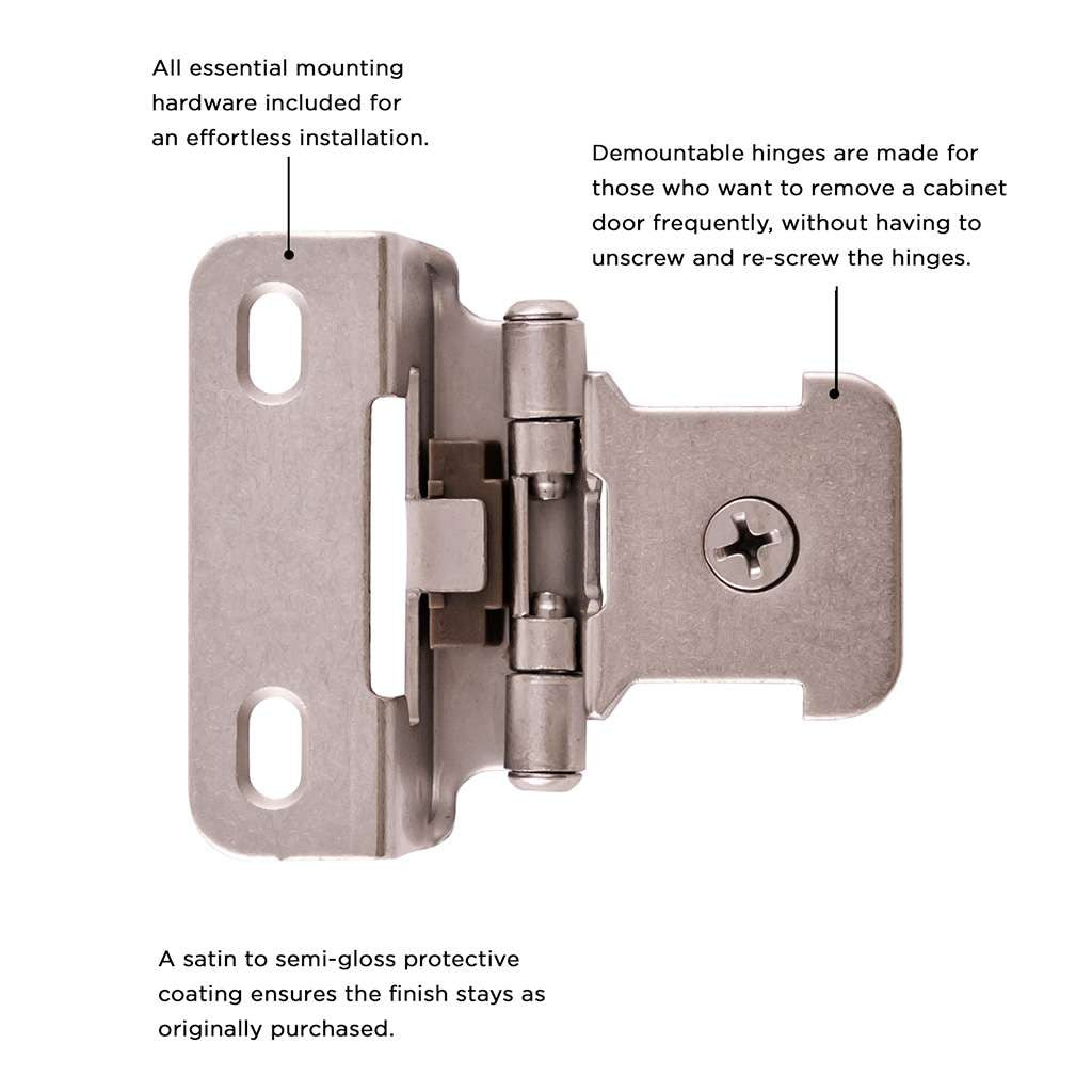 Hickory Single Demountable 1/2" Overlay Partial Wrap Cabinet Hinge (pair) in Satin Nickel P5313-SN Information